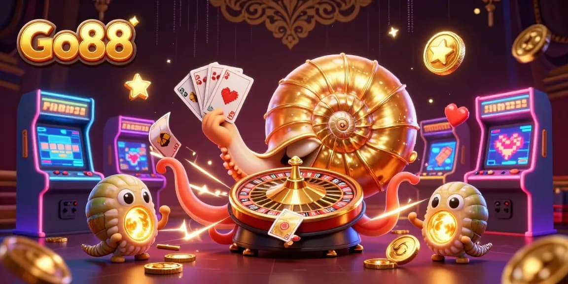Engage in exciting gaming adventures at Go88 with a vibrant illustration of a 3D nautilus roulette wheel.