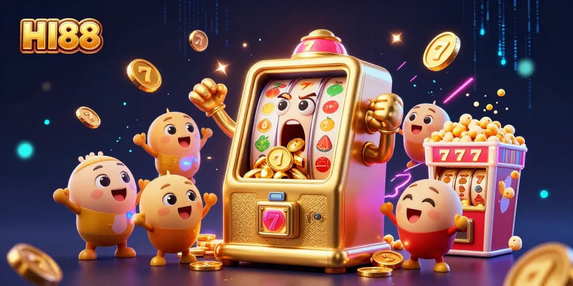 Experience the excitement at HI88 with a 3D cartoon slot machine celebrating a jackpot amidst festive gaming elements.