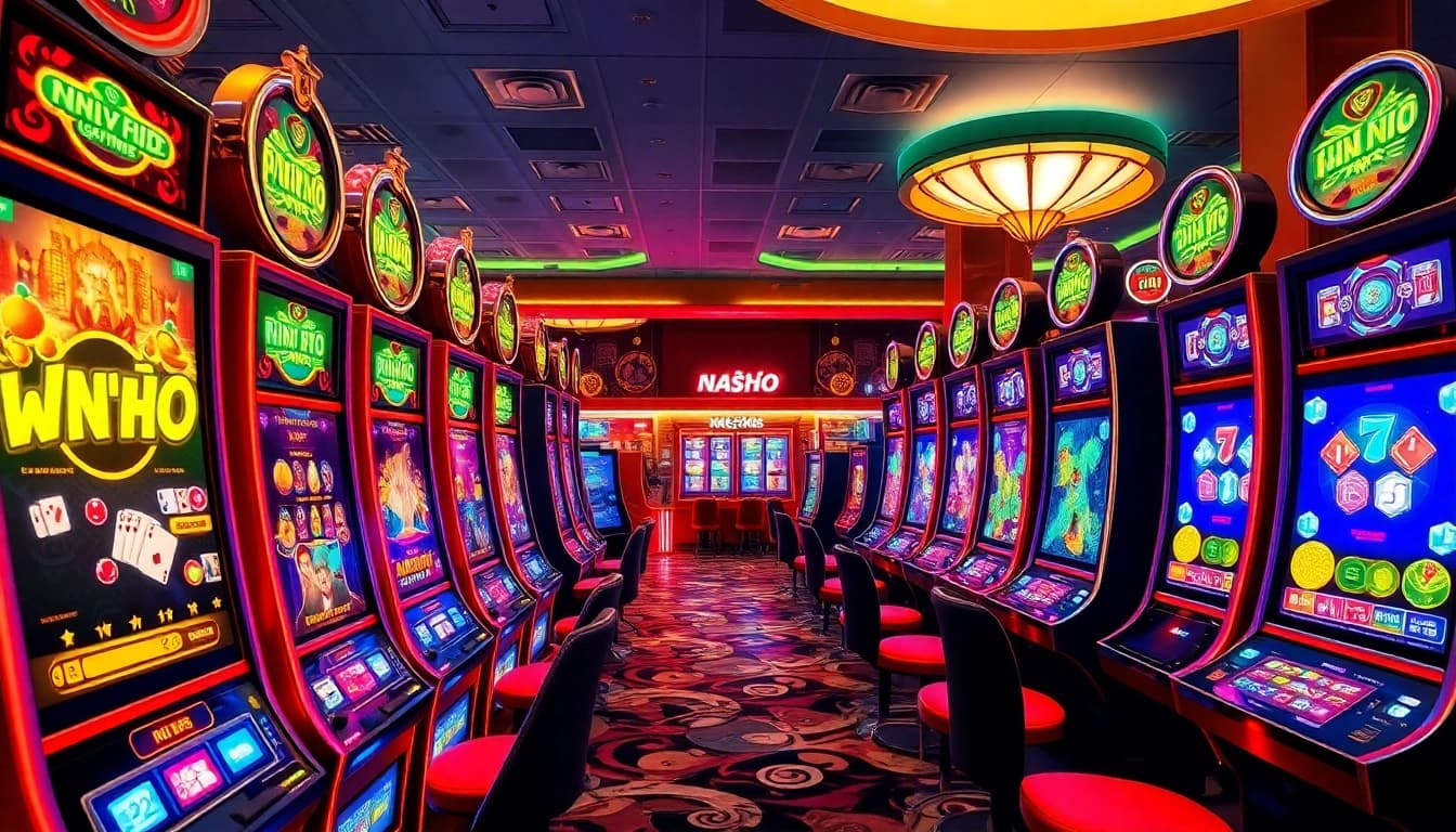 Nổ hũ slot machines lighting up with colorful graphics and exciting gameplay in a luxurious casino setting.