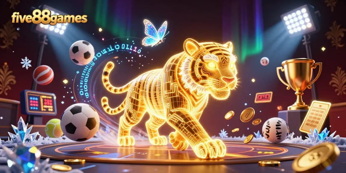 Join five88games at a vibrant digital casino scene featuring a golden tiger surrounded by dynamic sports elements and winning opportunities.