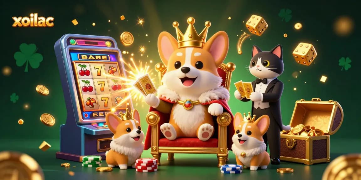 Experience thrilling casino action with xoilac featuring a royal corgi on a poker chip throne.