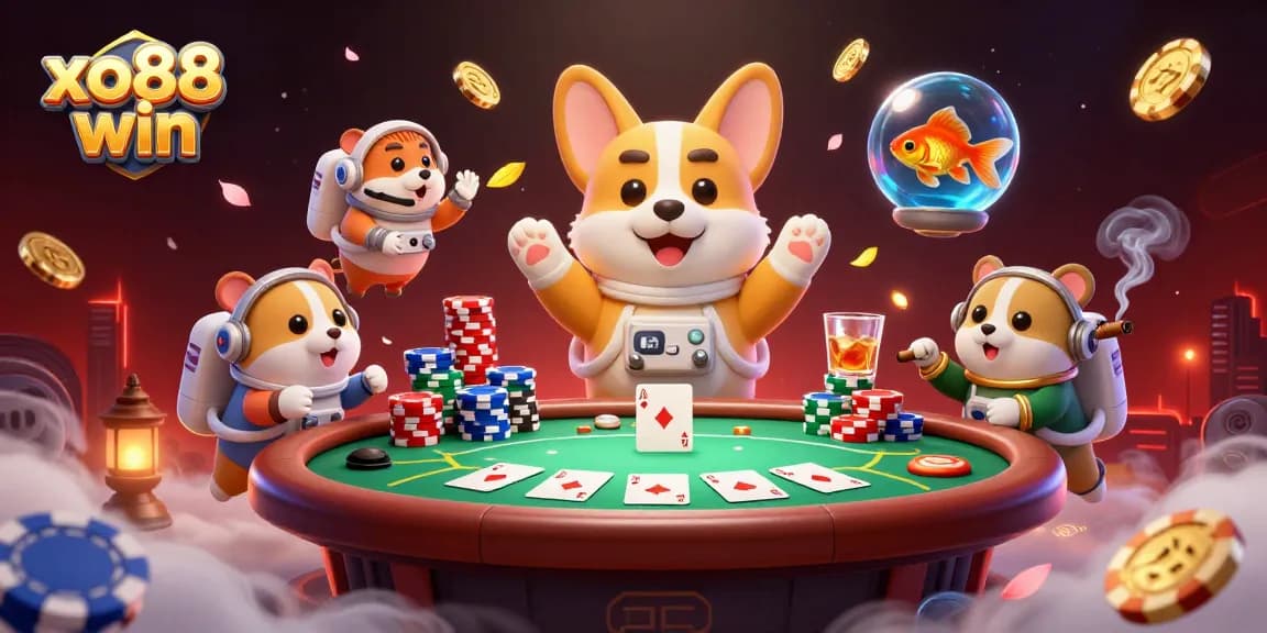 Engage in exciting games at xo88 win with a floating space casino scene showcasing poker chips and fun characters.