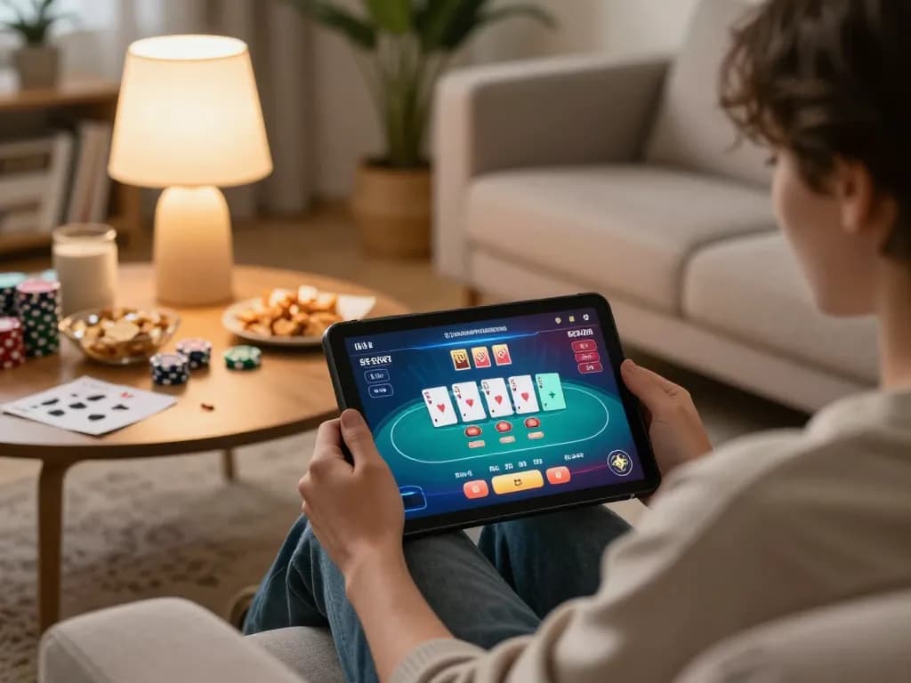 Engaging poker gameplay on a tablet in a cozy home setting with rikvip interface showing cards and chips