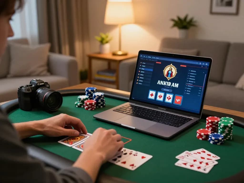 Player enjoying iwin poker on a laptop in a cozy living room