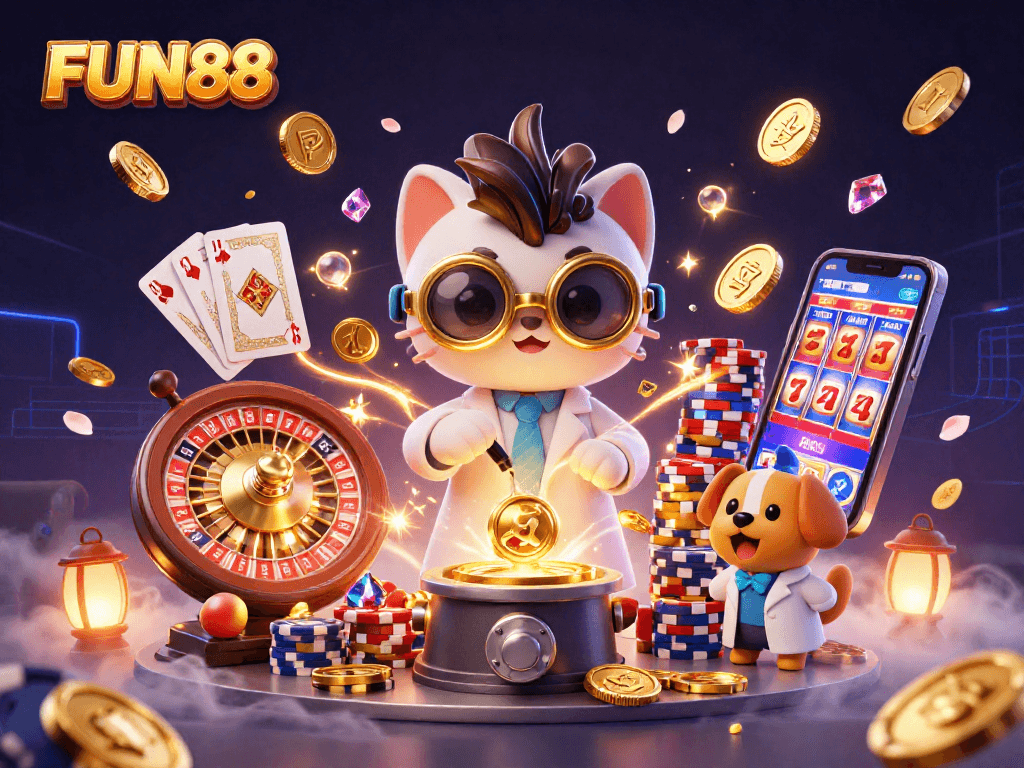 Experience the FUN88 excitement with a cartoon mad scientist cat creating a gold-coin machine in a vibrant casino scene.