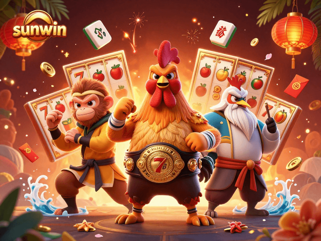 Play thrilling slot games at sunwin alongside majestic characters in a vibrant, festive setting.