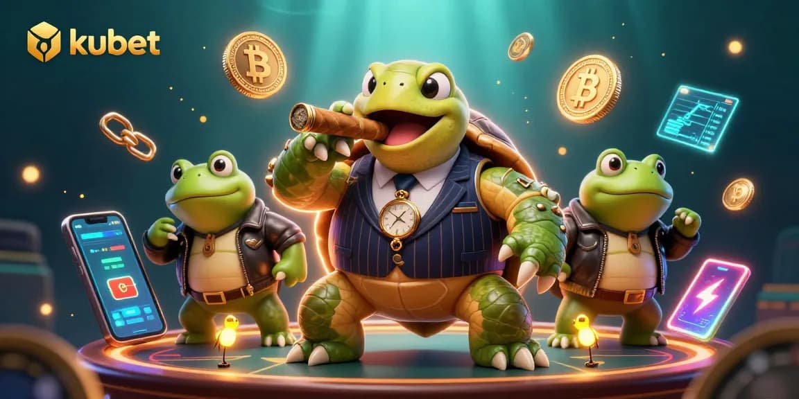 Engage with kubet in a vibrant 3D casino scene featuring a snapping turtle in a mobster suit.