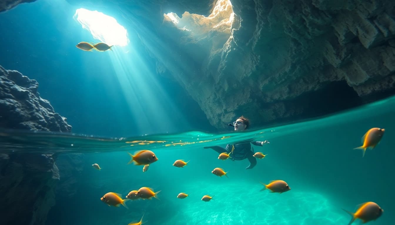 Tauchen Cenotes: Ein Taucher erkundet die kristallklaren Gewässer einer Cenote, umgeben von beeindruckenden Kalksteinformationen.
