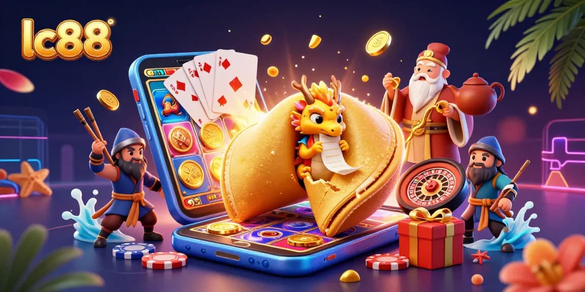 Play exciting casino games with lc88 featuring a dynamic scene of fortune characters and gaming elements.