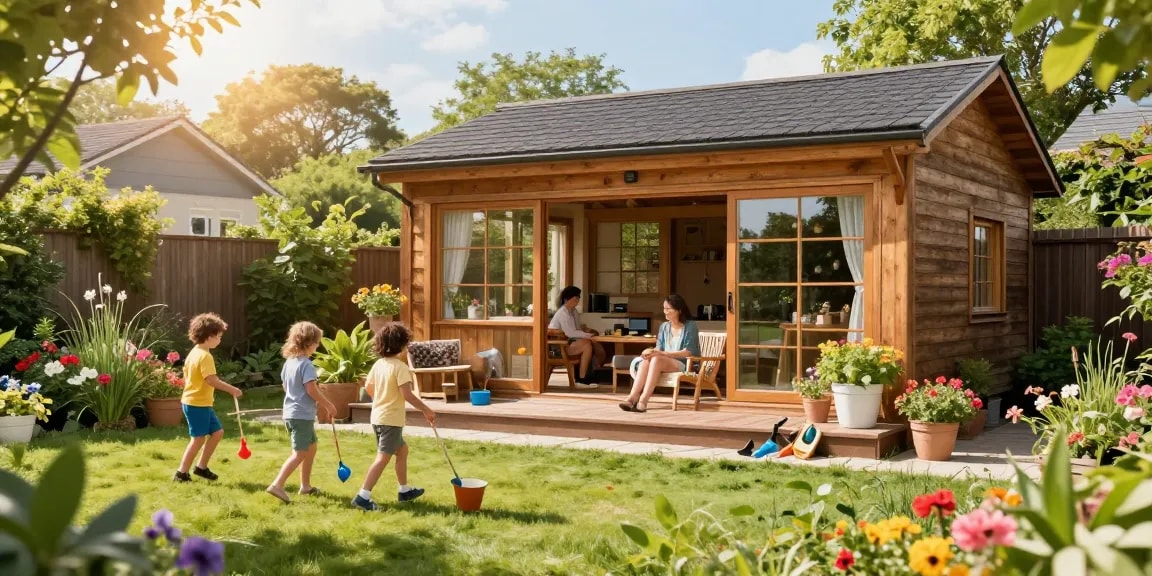 In einem Garten mit einem modernen Gartenhaus aus Holz genießen eine Familie den sonnigen Tag im Freien.