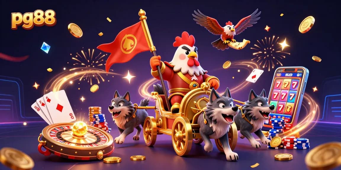 Experience thrilling moments at pg88 with a dynamic casino scene featuring a rooster warlord and gaming elements.