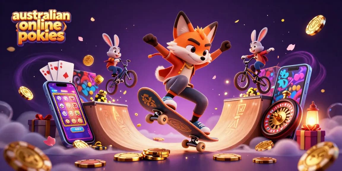 australian online pokies scene with cartoon fox skateboarding over poker chips and a BMX rabbit showcasing vibrant gaming elements.