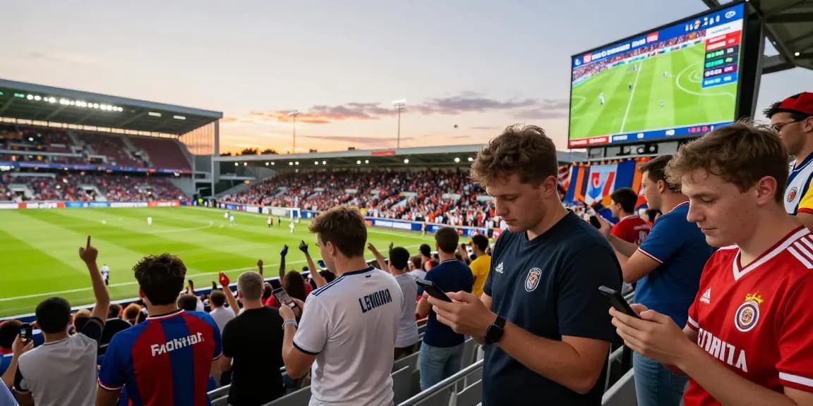 Fussball wetten tipps: Aktive Fans im Stadion nutzen Smartphones für Sportwetten und genießen das Spiel.