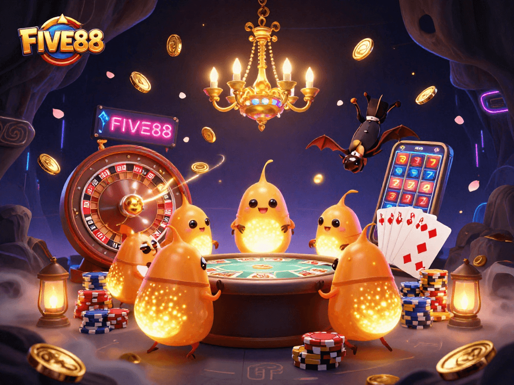 Illuminate your gaming experience with FIVE88's dynamic casino scene featuring glowworms and a bat dealer.