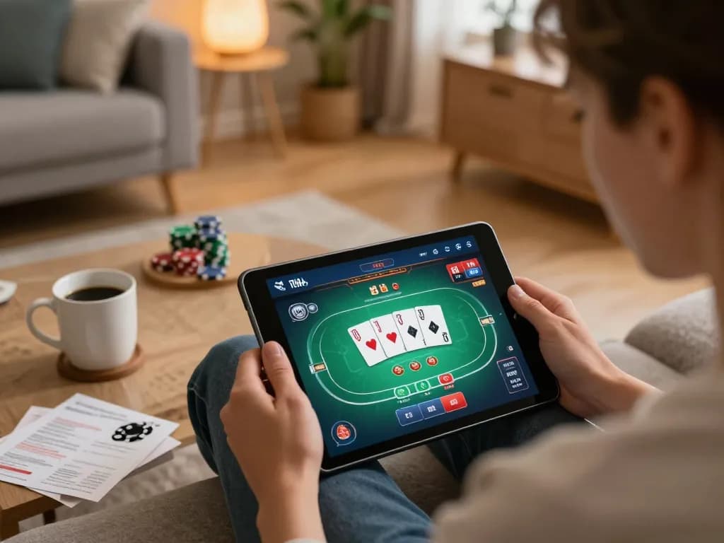 Engaging gaming moment on Trang chủ GG88 showing poker game on tablet surrounded by cozy home decor.