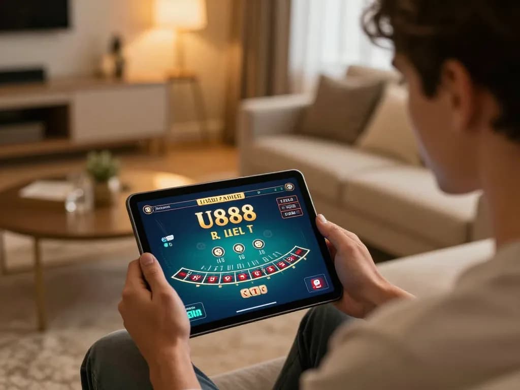 Engaged player enjoying U888 live dealer blackjack at home in a cozy setting