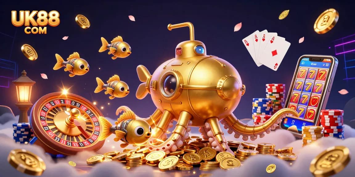 Experience the thrill of gaming with UK88 COM through a vibrant, dynamic 3D casino scene showcasing a golden kraken and colorful game elements.