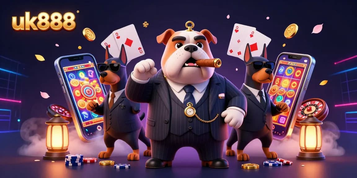 Engage with uk888's thrilling slot games alongside a mafia boss bulldog and bodyguard Dobermans in a vibrant casino scene.