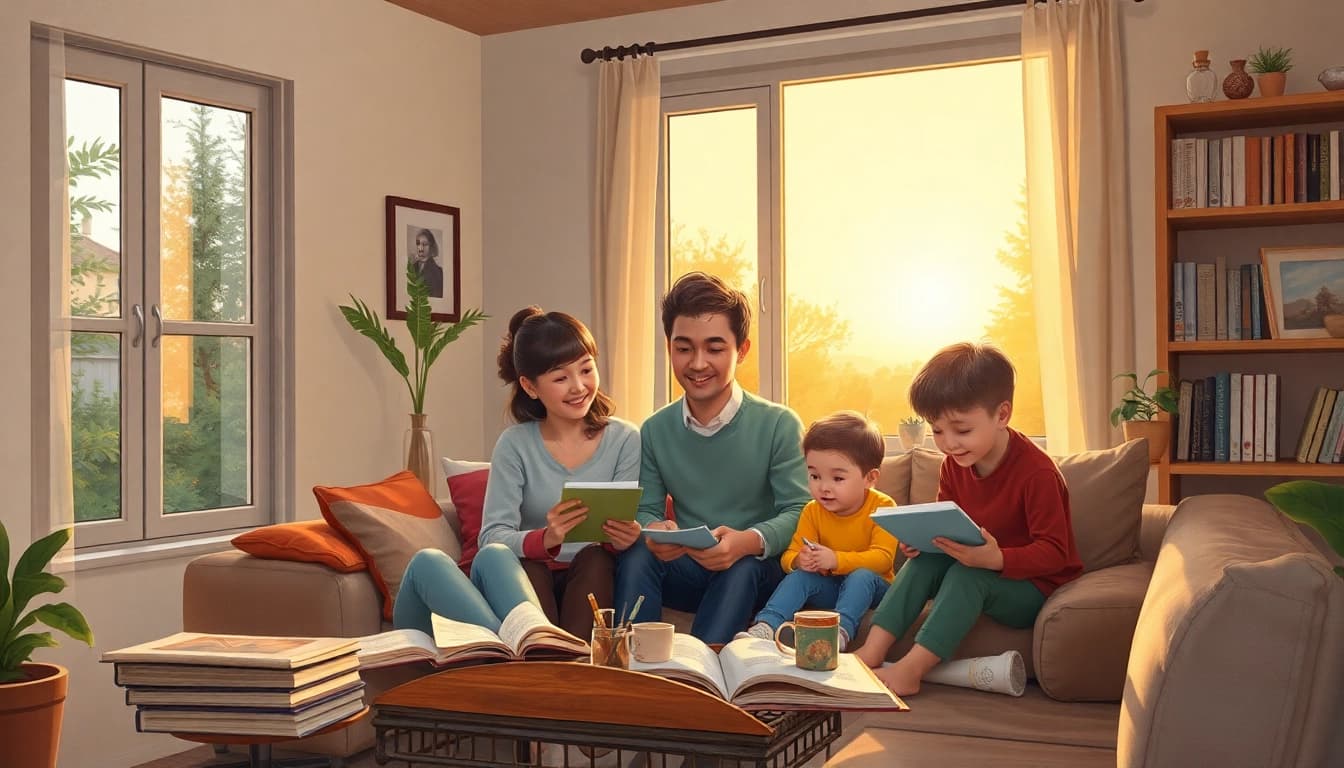 Familie bei heimunterricht im Wohnzimmer mit Büchern und Lernmaterialien.