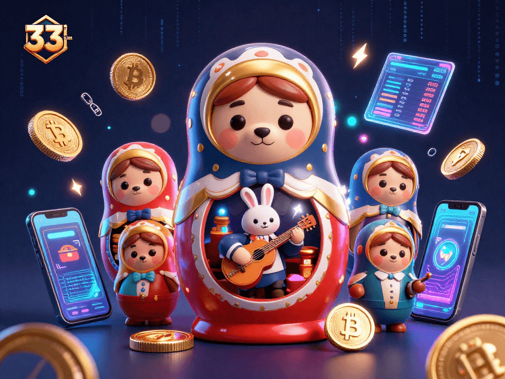 Experience the thrill of 33win with vibrant casino action featuring animated characters and crypto elements.