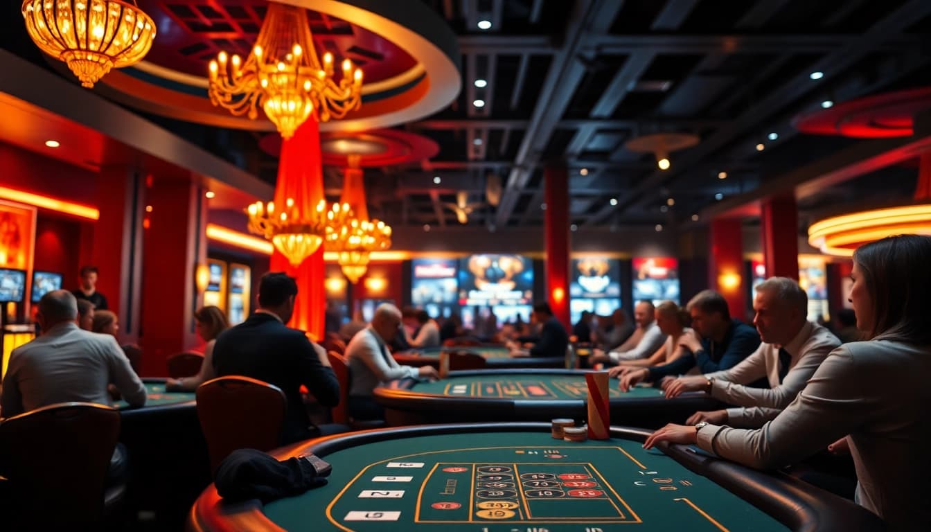 Erlebe spannende Casino online Vielfalt mit Spielern und lebhaften Lichtern in einer aufregenden Umgebung.