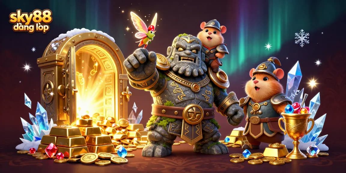 Experience sky88 đăng nhập by uncovering treasures with a magical golem and knight in this vibrant 3D casino scene.