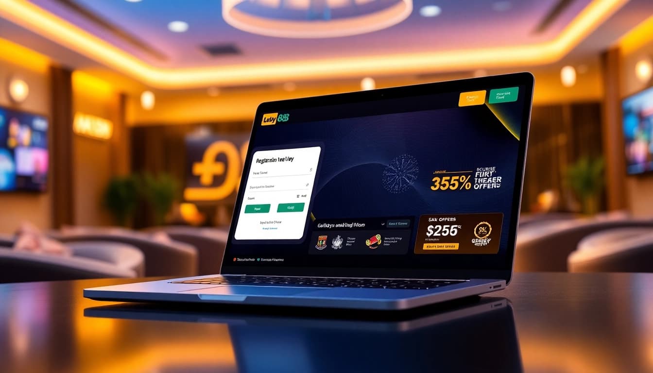 Lucky88 đăng nhập interface displayed on a modern laptop in an inviting gaming lounge.