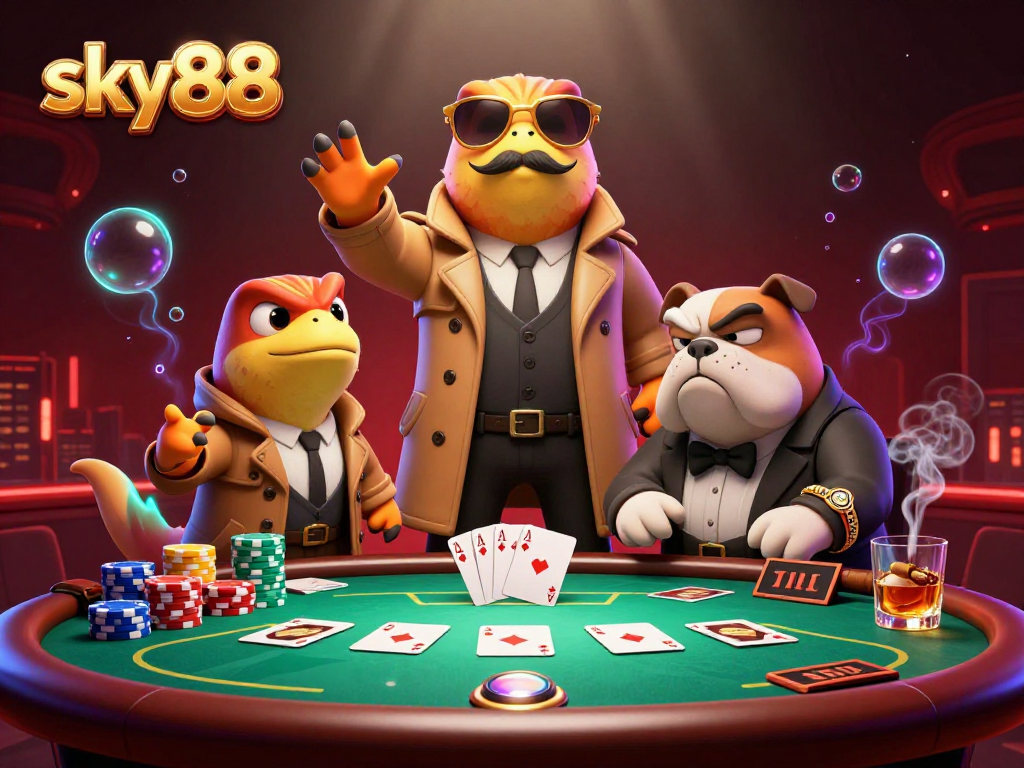 sky88 portrays three raptors in a trench coat entering a VIP lounge, filled with poker chips and glowing elements.
