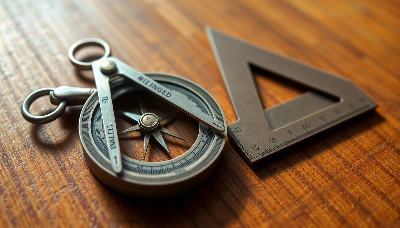Komplexe 'winkel und zirkel' Werkzeuge auf einer Holzoberfläche präsentiert, die Präzision in der Geometrie symbolisieren.