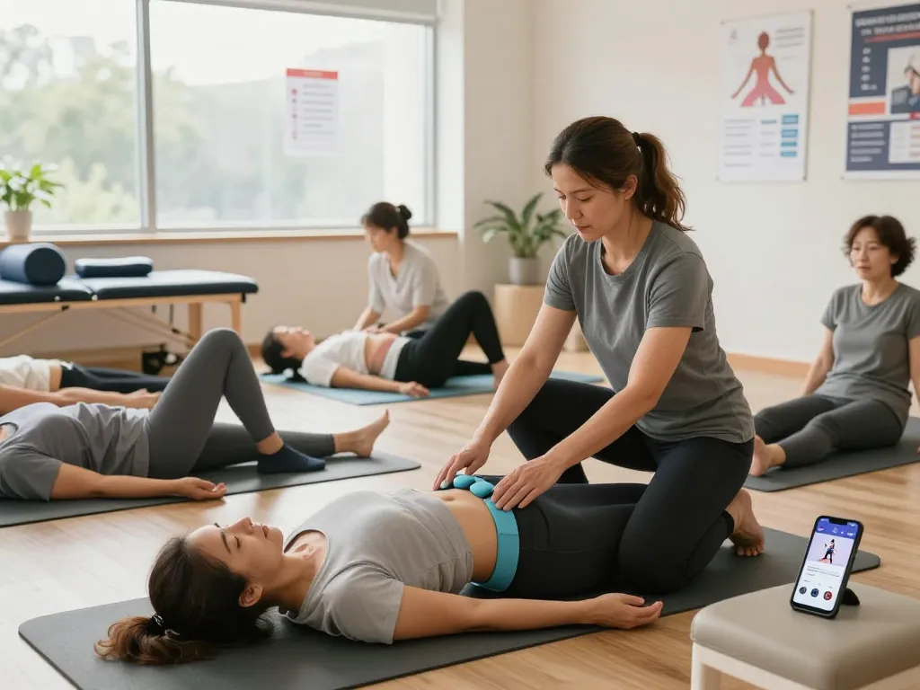 Demonstration of pelvic floor exercises at https://pelvi-care.de/ in a bright physiotherapy clinic.