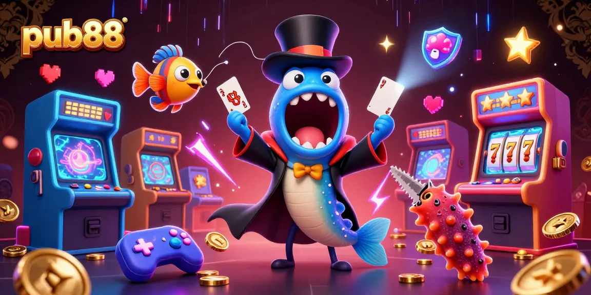 Experience the thrilling magic of pub88 as a bioluminescent gulper eel performs card tricks surrounded by casino-themed elements.