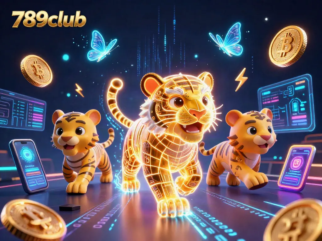 Engage with the electrifying 789club digital casino landscape featuring a neon tiger and crypto elements.