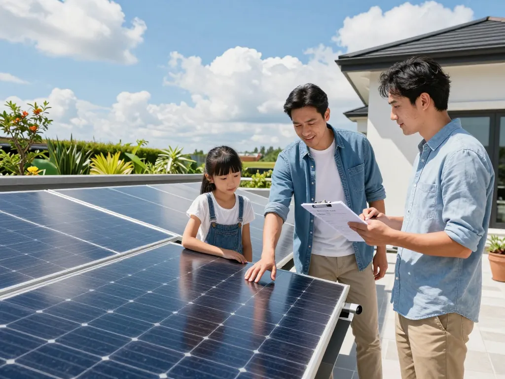 Photovoltaik Wien: Familie bewertet ihre neue Solarpanel-Installation auf einem sonnigen Dach.