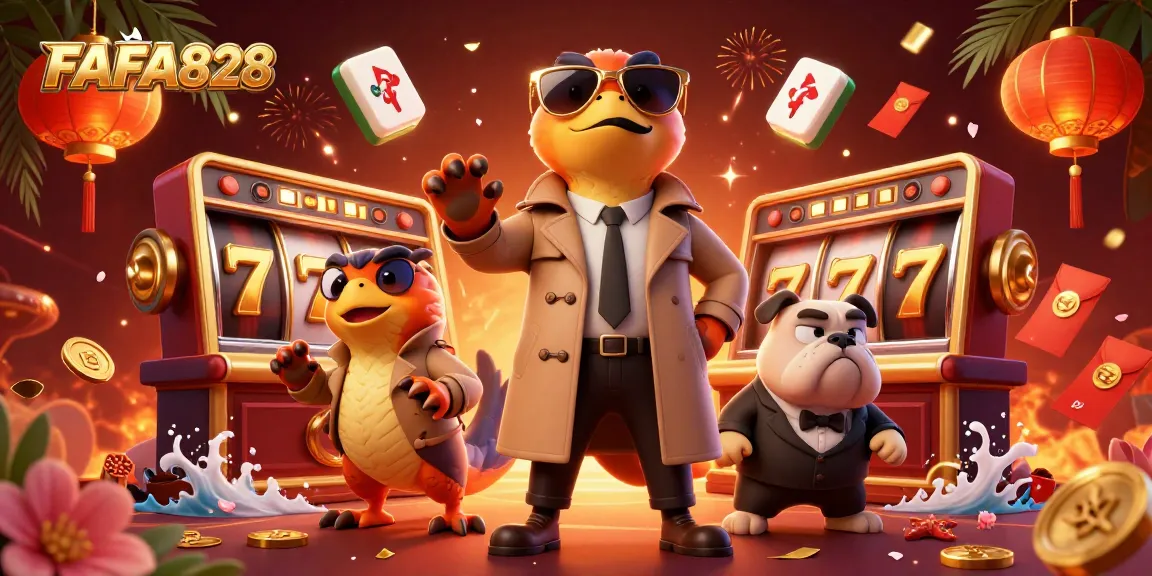 Experience the excitement of FAFA828 with three raptors in a trench coat, attempting VIP entry into a casino lounge.