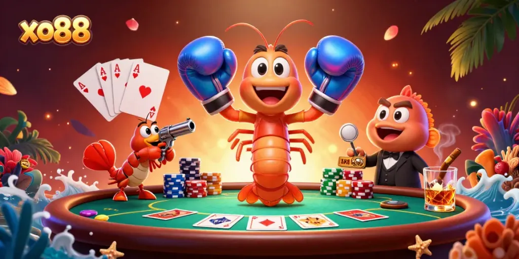 Experience the excitement of gambling with xo88 as cartoon shrimp characters play poker.