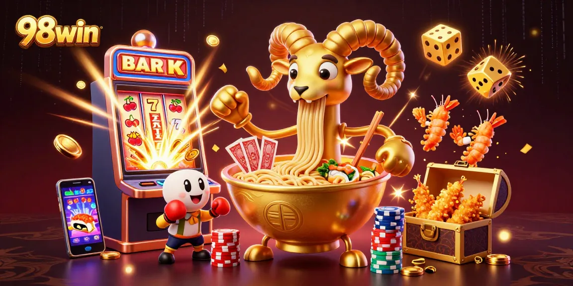 Engaging characters like a giant ramen bowl and a sushi dealer embodying the excitement of 98win casino gaming.
