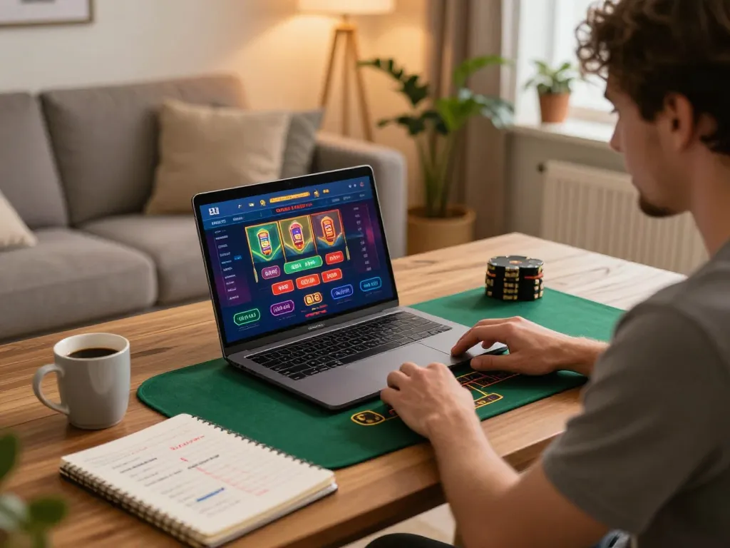 KUBET player focusing on live dealer game in a cozy home setting, showcasing strategic betting.