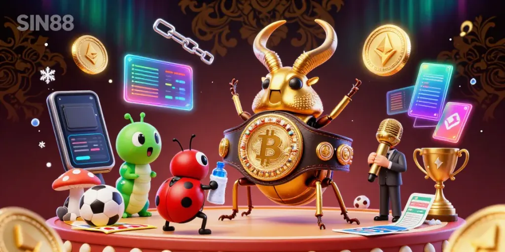 Engage with SIN88’s sports betting excitement through this dynamic illustration featuring unique characters and gaming elements.