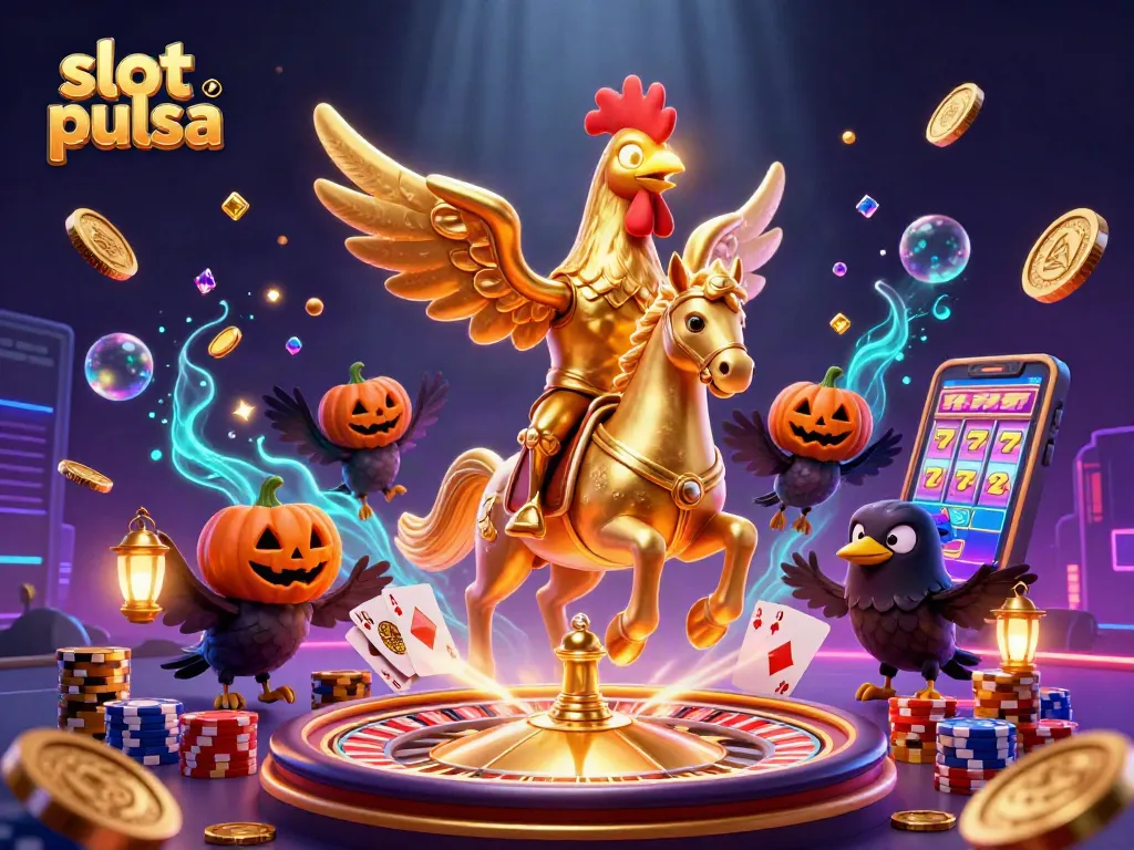 Experience thrilling gameplay at slot pulsa with golden rooster characters and dynamic casino elements.