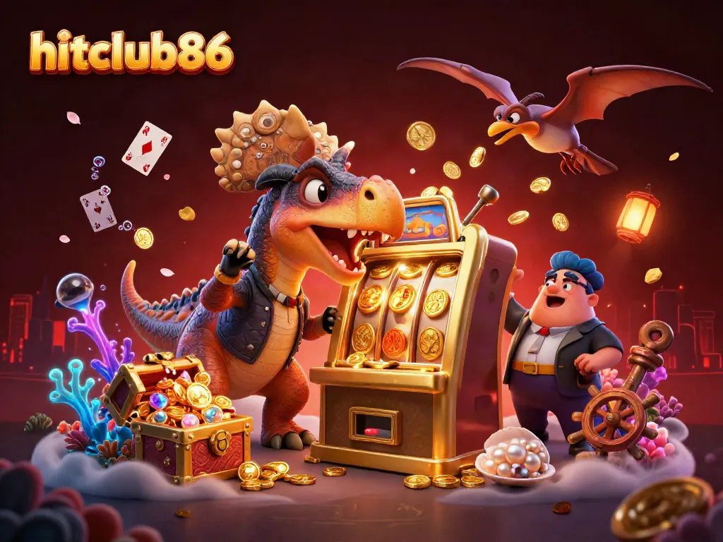 Play exciting casino games with hitclub86, featuring animated dinosaurs and jackpot wins.