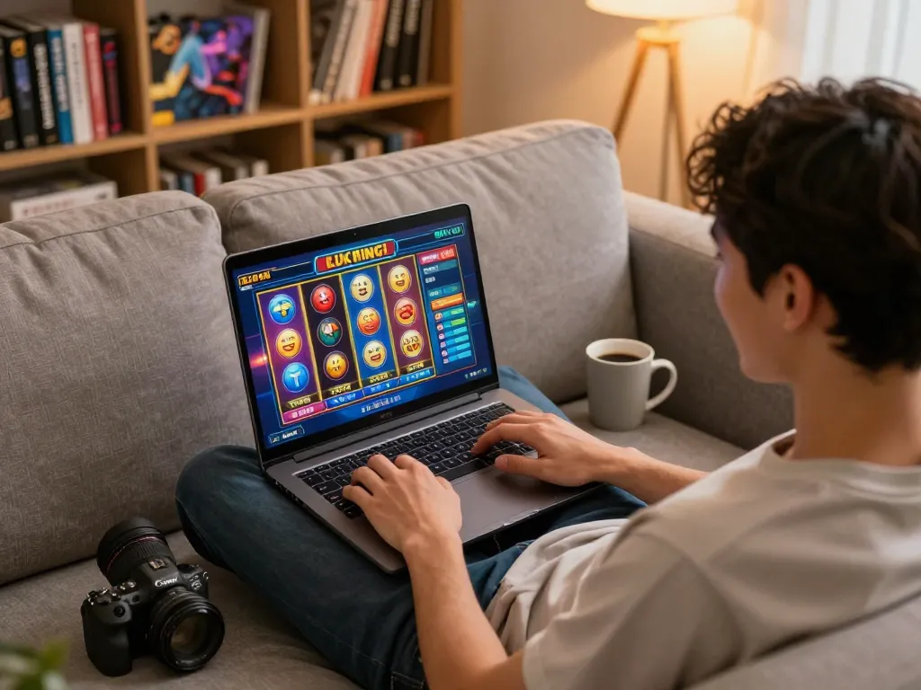 Engaged player experiencing FLY88 online casino excitement at home with colorful slot game interface.