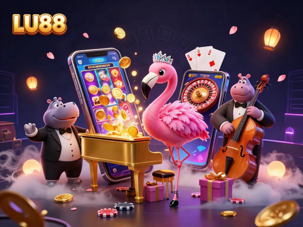 LU88 invites players to enjoy vibrant gaming experiences with slots and casino games surrounded by lively characters.