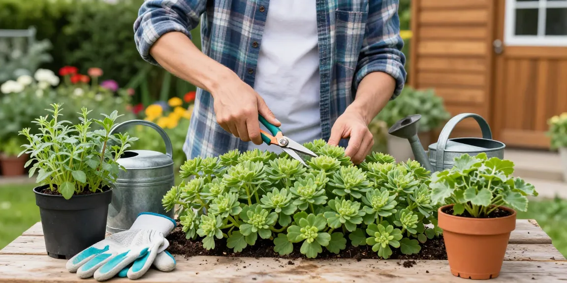 Fetthenne schneiden - Gärtner schneiden Sedum-Pflanzen in einem lebhaften Garten.