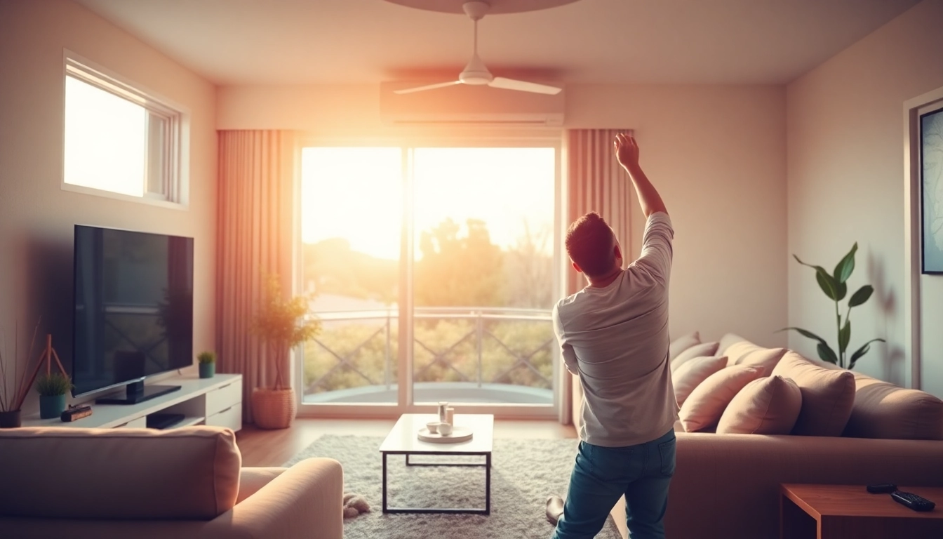 Klimaanlage installieren in einem modernen Wohnzimmer mit Werkzeugen und einem neuen Klimagerät.