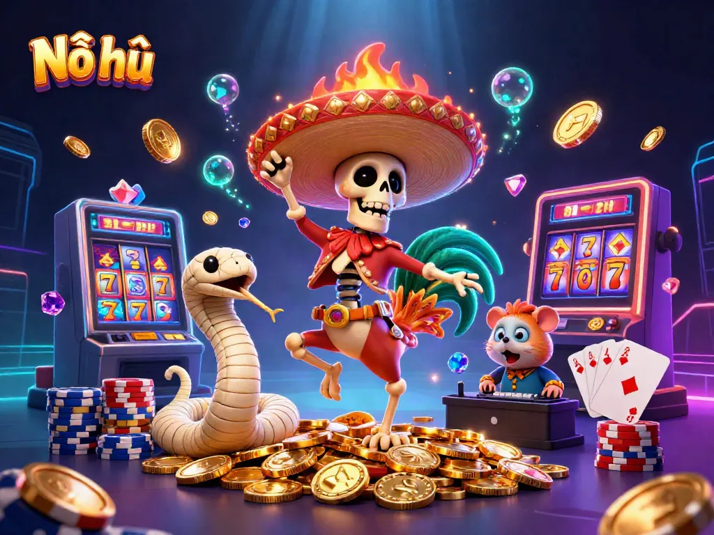 Nổ hũ celebration scene featuring a skeleton rooster, a mummy snake, and a DJ hamster amidst golden coins and slot reels.