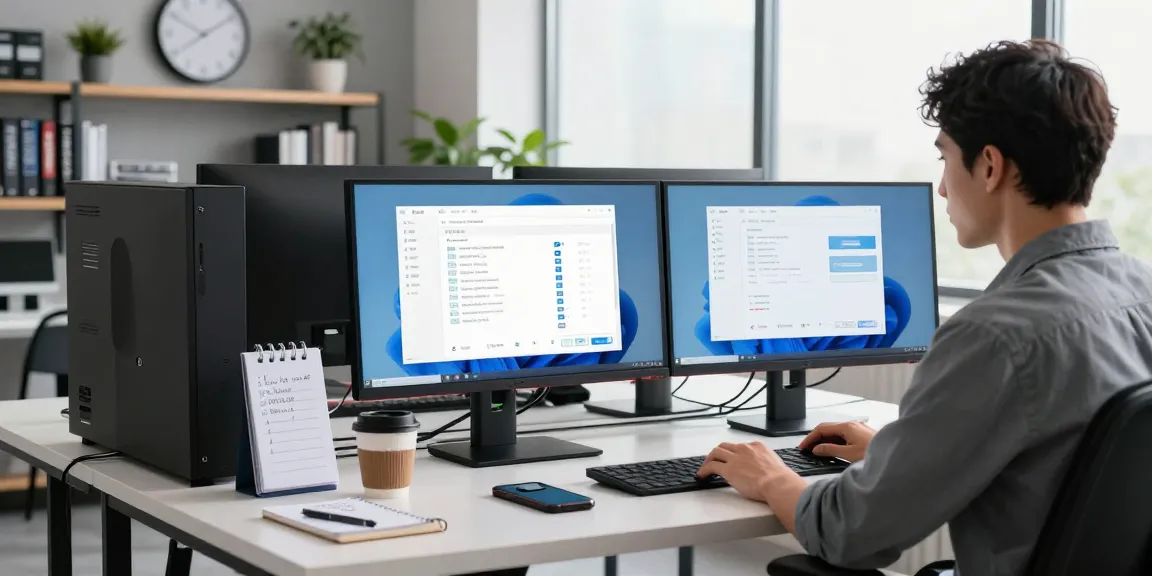 Windows 11 Pro für professionelle Nutzung kaufen: Benutzer installiert Software in modernem IT-Arbeitsplatz mit mehreren Bildschirmen.