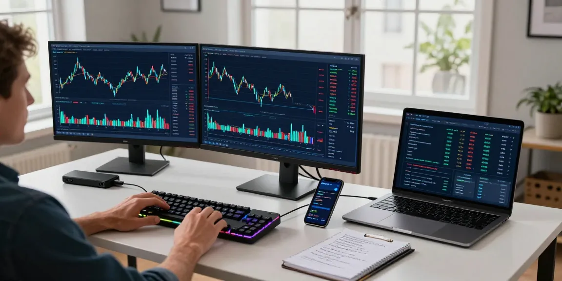 Edimakor im modernen Krypto-Handelsbüro mit Bitcoin-Charts und DeFi-Analysen, zeigt innovative Technologien für sicheren Handel.