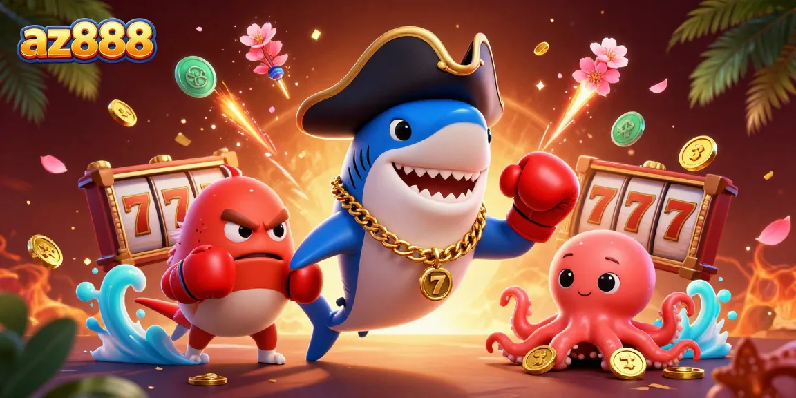 Spin the reels with az888 in this vibrant, engaging cartoon casino illustration.