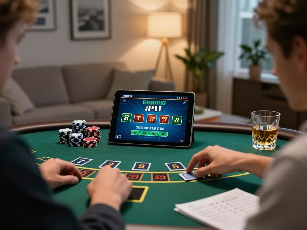 Player engaging in online blackjack gameplay on a tablet, enjoying QQ88’s strategic features and warm home atmosphere.
