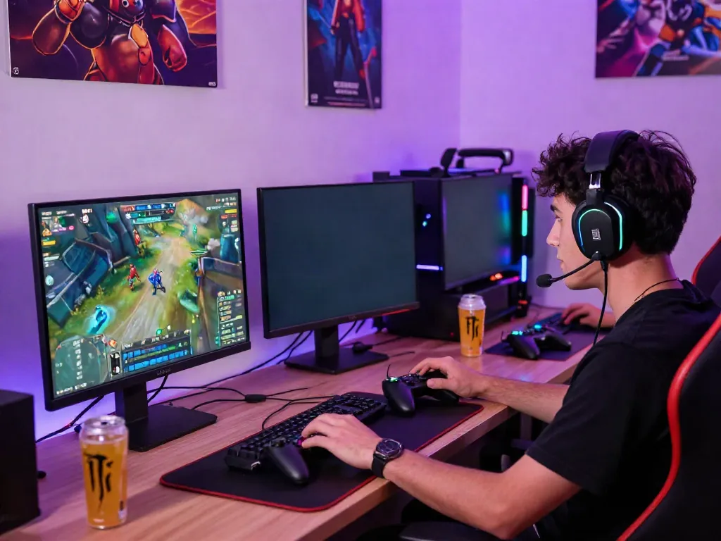 rokok88 login scene depicting an engaged gamer at a vibrant setup